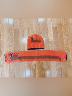Janie and Jack Orange Knit Beanie and Scarf Set with Dachshund Motif